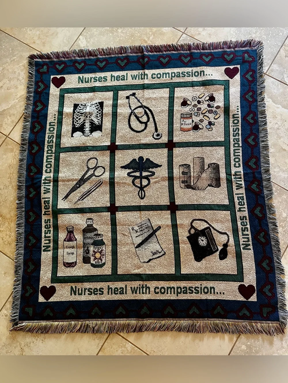 “Nurses heal with compassion” Throw blanket 55”x48” not including fringe. Clean!